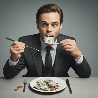 a man sits eating lunch with a plate full of money, notes are coming out of his mouth, on the plate there are several coins and notes, he is eating with a knife and fork, the man is wearing a business suit.