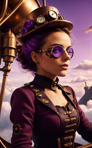 (style of [Cathleen McAllister|Ilya Kuvshinov|Loish|Daniela Uhlig|Ross Tran]:0.7), (solo-focus, cinematic photoshoot of perfect seductive young woman riding Steampunk Airship:1.3), majestic steampunk airship adorned with intricate brass gears and glowing steam vents, navigating through a sky streaked with amber and violet hues, amidst floating islands and surreal cloud formations.
