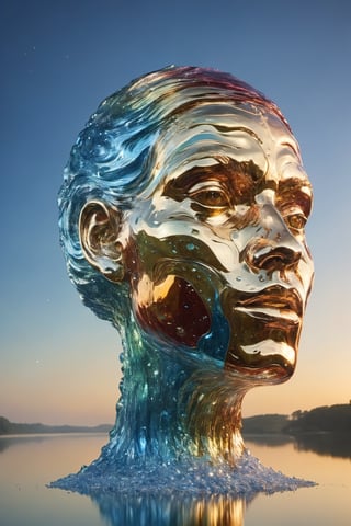 it is an abstract shape with multiple sides, it is made of glass and the faces are painted in different metallic colours, the image is full of glitter and reflections, it is something incredible to see