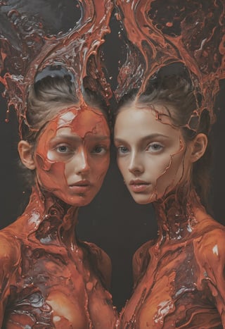 Super Closeup Portrait, Capture the structured melting of two liquids, each adorned in fleshy red hues, as they gracefully meld a human together a spectacle of intertwining viscosities, where the bones and flesh elements weave a kaleidoscopic tapestry of daker shades.
very detailed, hd, RAW photograph, masterpiece, top quality, best quality, official art,highest detailed, atmospheric lighting, cinematic composition, complex multiple subjects, 4k HDR, vibrant, highly detailed, Leica Q2 with Summilux 35mm f/1.2 ASPH, Ultra High Resolution, wallpaper, 8K, Rich texture details, hyper detailed, detailed eyes, detailed background, dramatic angle, epic composition, high quality , (8k, RAW photo, highest quality), hyperrealistic,
