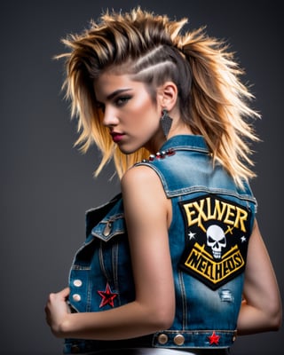 The person is positioned facing away from the camera, concealing their face from view, revealing only their back profile in the picture, In this professional photograph, the subject is positioned with her back to the viewer, sharply captured by a high-quality 85mm lens set at f/2.8 aperture. Her hairstyle reflects the iconic look of metalheads in 1987, complemented by a sleeveless denim jacket adorned with Slayer patches and metal spikes. It's a vivid portrayal of youthful energy—she's 18 years old—radiating determination and enthusiasm, completely engrossed in the music that defines life and strength for her. The city lights illuminate her against the night backdrop of an American metropolis, showcasing attire reminiscent of the iconic fashion sported by '80s rockers, exuding toughness, posture, attitude, and presence. This girl symbolizes an entire generation of Heavy Metal enthusiasts, proudly showcasing band patches and metallic studs, Back grunge style photograph of an aggressive and charming girl, focused, Fluxus Art, nostalgic lighting, adobe lightroom, award winning, . Texture, distressed, vintage, edgy, edgy, punk rock vibe, dirty, loud,