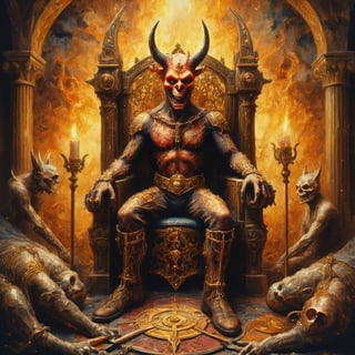 Impressionism lw06b-4000 watercolor painting of a Tarot The Devil, sitting on a throne, chained prisoners, magnificent, (brown:0.3) (biomechanical:0.5), ral-dissolve, intricate, fine gold filigree details 
,DissolveSdxl0