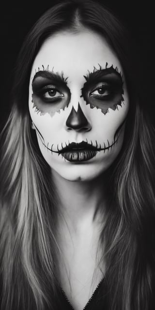 Create a monochrome portrait of beautiful blonde girl,  ((rectangular face)), close up , detail plan, detail plan of eyes, hair covering eye, dark make up, dark shadowing,nostalgic picture,Realism,pinhole photography,DonM4lbum1n,HalloweenGlowStyle,n3n3k,Catrina