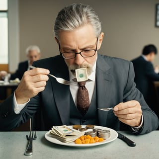 a man sits eating lunch with a plate full of money, on the plate there are several coins and notes, he is eating with a knife and fork, the man is wearing a business suit, the man is 50 years old and has grey hair, some beard, he is wearing myopic glasses and he is eating lunch in a restaurant.