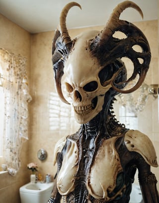 cinematic film still, an extreme closeup of a xenomorph with a deer skull wearing an ornate dress looking into the camera, in the bathroom, soft lighting, muted colours . shallow depth of field, vignette, highly detailed, bokeh, cinemascope, moody, epic, gorgeous, film grain, grainy
