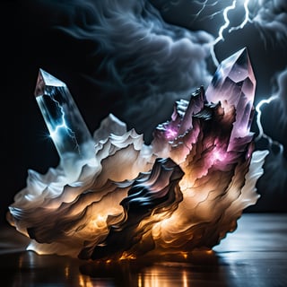 An ethereal sight emerges: a luminous, transparent natural crystal exuding a dark, inner glow amidst a floor veiled in black fog. Lightning dances within its core, set against a backdrop of the boundless darkness of outer space. Captured through a DSLR lens in astonishing 8K resolution and 4K clarity, this image exhibits a realistic portrayal with vivid, yet soft, lighting. The raw photo immerses viewers in a surreal convergence of textures and hues