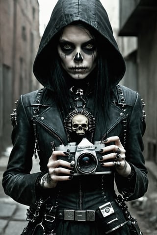 1girl, macabre style gritty street photography, holding a camera, young hacker, urban, matrixpunk cyber-costume, . dark, gothic, grim, haunting, highly detailed,
,photo r3al,more detail XL,Movie Still,LegendDarkFantasy,epoxy_skull,skll