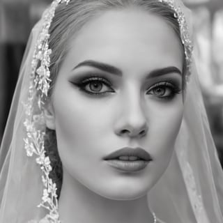 Create a monochrome portrait of beautiful blonde shop window mannequin dressed as a bride,  ((rectangular face)), close up , detail plan, detail plan of eyes, hair covering eye, dark make up, dark shadowing,nostalgic picture,Realism, film photography,DonM4lbum1n,Clear Glass Skin,photo r3al