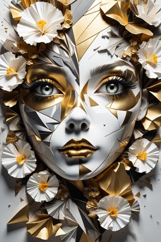 Ultra detailed abstract art photography of woman's face (geometric), gold, white carnations, detailed symmetrical circular iris, shredded paper fragments, inspired by Alberto Seveso, abstract art style, intricate and complex watercolour painting, sharp eyes, digital painting, colour explosion, ink dripping, gold and silver colour mixing, concept art, volumetric lighting, metallic reflections, 8k, concept photography
