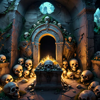 (masterpiece:1.2), (best quality,:1.2), 8k, HDR, ultra detailed, ((photorealistic)), professional light, cinematic lighting, fashion photography, ambient lighting, atmospheric effects, a magical fantasy tomb with open graves, skulls, treasure, ReDe, , epiCPhoto
