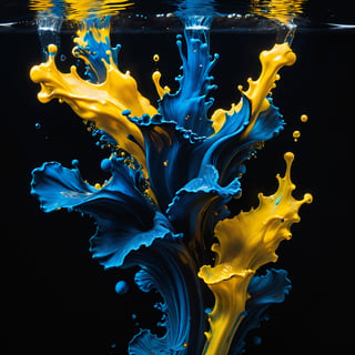oil jet underwater dark black background, studio photography, macro photography, yellow and blue oil painting