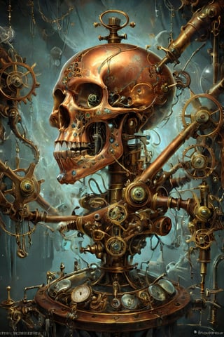steampunk mechanical scull, copper human scull, shiny copper, steam, pressure valves, dials, intricate details, luxury renaissance steampunk interior, photo, photography, sharp focus, detailed, carries the machinery of a watch, actually a watch,aw0k euphoric style,DonMM4g1cXL ,darkart, in the style of esao andrews,Vogue