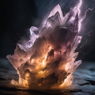 An ethereal sight emerges: a luminous, transparent natural crystal exuding a dark, inner glow amidst a floor veiled in black fog. Lightning dances within its core, set against a backdrop of the boundless darkness of outer space. Captured through a DSLR lens in astonishing 8K resolution and 4K clarity, this image exhibits a realistic portrayal with vivid, yet soft, lighting. The raw photo immerses viewers in a surreal convergence of textures and hues
