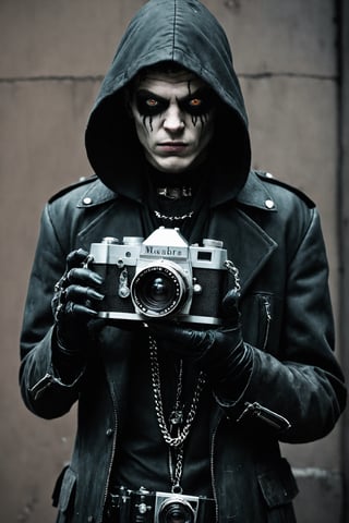 macabre style gritty street photography, holding a camera, young hacker, urban, matrixpunk cyber-costume, . dark, gothic, grim, haunting, highly detailed,
