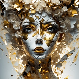 Ultra detailed abstract art photography of woman's face (geometric), gold, white carnations, detailed symmetrical circular iris, shredded paper fragments, inspired by Alberto Seveso, abstract art style, intricate and complex watercolour painting, sharp eyes, digital painting, colour explosion, ink dripping, gold and silver colour mixing, concept art, volumetric lighting, metallic reflections, 8k, concept photography,shards
