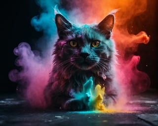 violent chalk explosion, colourful holographic floating in space, cinematic close-up portrait of a cat (made of chalk:1.3) during twilight in autumn, dark and gritty fantasy film heavy chalk smoke, cinematic lighting