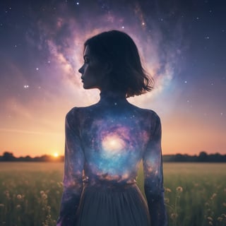 A close up fantastic image of a woman's outline containing the entire galaxy inside of her, as she stands in a field in summer at sunset, a soft aura surrounding her
