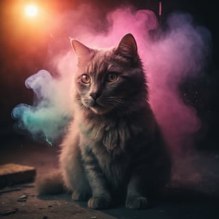 violent chalk explosion, colourful holographic floating in space, cinematic close-up portrait of a cat (made of chalk:1.3) during twilight in autumn, dark and gritty fantasy film heavy chalk smoke, cinematic lighting