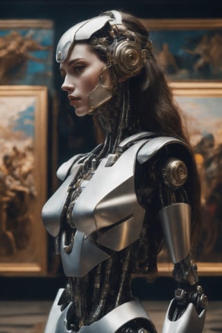 cinematic film still, close up, a robot woman stands tall, half-human half machine, amongst an ancient Greek gallery of paintings and marble, religious symbolism, quantum wavetracing, high fashion editorial, glsl shaders, semiconductors and electronic computer hardware, amazing quality, wallpaper, analog film grain, perfect face skin 
