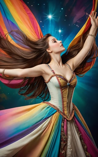 

The image features a woman with a beautiful appearance, wearing a stunning costume with a major influence from the Victorian era. She is posing in an artistic and elegant manner, with her arms outstretched, as if she is flying or floating in the air. The woman is surrounded by a vibrant and colorful background, which adds to the overall visual appeal of the scene. Her long hair falls down her back, and she appears to be looking upwards, possibly towards a star or an light source.