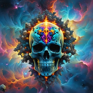 Swarms of interdimensional skull with destructive tendencies intertwined in mindless fractal formations, enveloped in a nebula of colours, ultra-fine digital painting.
