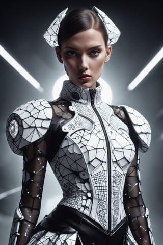 An elegant female super model at London Fashion Week, wearing a costume designed by Thom Browne with design elements including 3D generative Voronoi artwork created by artificial intelligence black-white textile materials polarized.toplight lighting photographed with Sony A7 IV
,cyberpunk style,cyborg style,monster,neon photography style,darkart,dual pistols