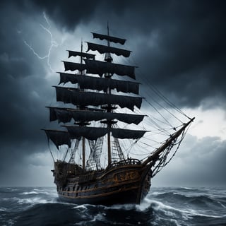 spiderweb pirate ship, ghost entwined with cobwebs, rough dark waves cloudy sky dark sky, cinematic, photorealistic very detailed, professional photo