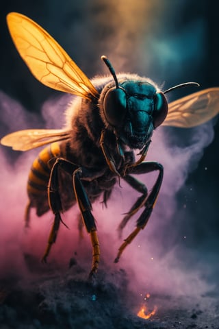 violent chalk explosion, holographic colorful floating in space, cinematic close-up portrait of a wasp (made out of chalk:1.3) during dusk in the autumn, dark and gritty fantasy film heavy chalk smoke, cinematic lighting
