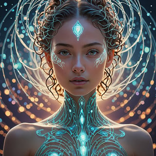 Highly detailed illustration of a young female with asymmetrical, harmonious features that strike a perfect balance between strength and delicacy, ((seamless interaction with the elements)), ((strong environmental light), (futuristic dreamscape), (cybernetic realms), celestial glow emanating softly, physical and ethereal form, sinuous elegance, kaleidoscopic hues of possibility, portray a realm where the enigmatic convergence of serenity and chaos unfolds, floats gracefully, exuding an otherworldly aura mystical glow, radiating a gentle and comforting light, bioluminescent glowing, playful body manipulations, divine proportion, non-douche smile, gaze into the camera, holographic shimmer, whimsical lighting, enchanted ambiance, soft textures, imaginative artwork, ethereal glow, silent Luminescence, whispering Silent, iridescent Encounter, vibrant background, by Skyrn99, full body, (((rule of thirds))), high quality, high detail, high resolution, (bokeh:2), backlight, long exposure:2
,Movie Still