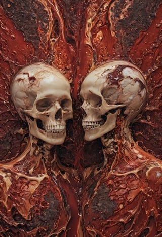 Super Closeup Portrait, Capture the structured melting of two liquids, each adorned in fleshy red hues, as they gracefully meld a human together a spectacle of intertwining viscosities, where the bones and flesh elements weave a kaleidoscopic tapestry of daker shades.
very detailed, hd, RAW photograph, masterpiece, top quality, best quality, official art,highest detailed, atmospheric lighting, cinematic composition, complex multiple subjects, 4k HDR, vibrant, highly detailed, Leica Q2 with Summilux 35mm f/1.2 ASPH, Ultra High Resolution, wallpaper, 8K, Rich texture details, hyper detailed, detailed eyes, detailed background, dramatic angle, epic composition, high quality , (8k, RAW photo, highest quality), hyperrealistic,
