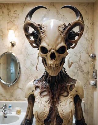 cinematic film still, an extreme closeup of a xenomorph with a deer skull wearing an ornate dress looking into the camera, in the bathroom, soft lighting, muted colours . shallow depth of field, vignette, highly detailed, bokeh, cinemascope, moody, epic, gorgeous, film grain, grainy
