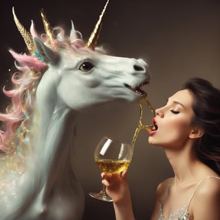 a person has taken lsd and is seeing unicorn dragons spitting white wine out of a lady's mouth