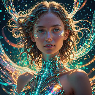 Highly detailed illustration of a young female with asymmetrical, harmonious features that strike a perfect balance between strength and delicacy, ((seamless interaction with the elements)), ((strong environmental light), (futuristic dreamscape), (cybernetic realms), celestial glow emanating softly, physical and ethereal form, sinuous elegance, kaleidoscopic hues of possibility, portray a realm where the enigmatic convergence of serenity and chaos unfolds, floats gracefully, exuding an otherworldly aura mystical glow, radiating a gentle and comforting light, bioluminescent glowing, playful body manipulations, divine proportion, non-douche smile, gaze into the camera, holographic shimmer, whimsical lighting, enchanted ambiance, soft textures, imaginative artwork, ethereal glow, silent Luminescence, whispering Silent, iridescent Encounter, vibrant background, by Skyrn99, full body, (((rule of thirds))), high quality, high detail, high resolution, (bokeh:2), backlight, long exposure:2
,Movie Still,colorful