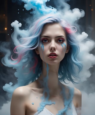 Create a stunning visual masterpiece depicting a captivating girl, a winner of a prestigious Behance award, with smoke-like hair in shades of blue, red, and gold. Her face is coated in a whitish hue, surrounded by a cloud-like overflow of pastel colors and bright pink highlights, creating an enigmatic and mesmerizing appearance. She floats in mist, connected by radiant energy, in a smoky science fiction style. This highly intricate and epic artwork follows the golden ratio, reminiscent of a movie poster, and is currently trending on CG Society. The ultra-high definition, 8k rendering showcases her torn clothes, blood on her face, and deep cuts all over her scarred body, portraying a dramatic scene full of fear and guilt. With a dark forest background and a touch of bokeh and depth of field, this artwork in the style of Anne Bachelier incorporates stunning visual effects such as tracers, splashes, lightning, light particles, steam, smoke, and fog. Avoid using hashtags or any additional words.
,dripping paint,detailmaster2