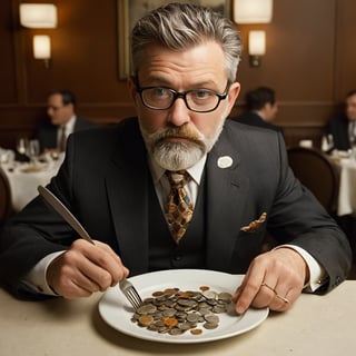 A middle-aged man, dressed sharply in a business suit, sits at a restaurant table, his plate adorned not with food but with a curious assortment of coins and bills. With myopic glasses perched on his nose, he methodically cuts through the currency with a knife and fork, as if it were a gourmet dish. His salt-and-pepper hair and a touch of beard lend a distinguished air to his appearance as he dines amidst the clinks of cutlery and chatter of the restaurant.