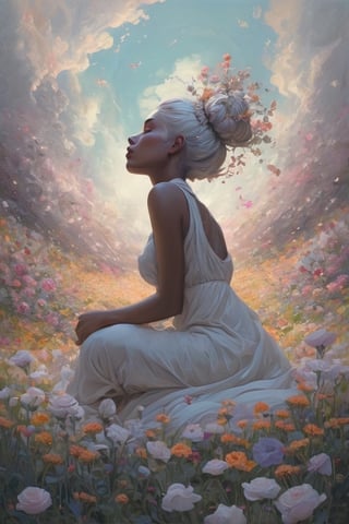 Soraka, abstract neorealism, dreamy fantasy art, darkness graces every curve, style Charles Ginner, sitting on a field of flowers, looking up, ethereal form, voluptuous and messy bun