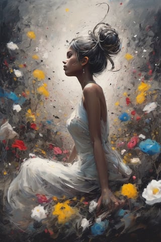 Soraka, abstract neorealism, dreamy fantasy art, darkness graces every curve, style Jackson Pollock, sitting on a field of flowers, looking up, ethereal form, voluptuous and messy bun