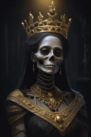 a long dead old queen depicted as a mummy preserved in her tomb, wearing a gold crown and a gold necklace and a gold and black dress, her face is skeletal, a dark setting, with a black background and some lights, the atmosphere is disturbing and mysterious