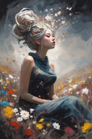 Soraka, abstract neorealism, dreamy fantasy art, darkness graces every curve, style Jackson Pollock, sitting on a field of flowers, looking up, ethereal form, voluptuous and messy bun