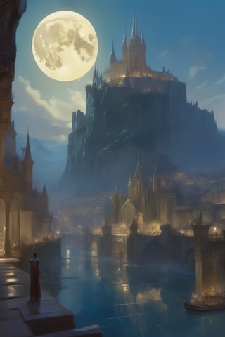 ethereal kingdom of Elaria, bathed in the shimmering glow of moonlight, cinematic, celestine azure, craig mullins