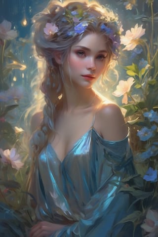 a breathtaking beautiful fairy girl, flower hair decorations, surrounded by flowers and plants, bathed in the shimmering glow of moonlight, cinematic, celestine azure, by Daniel F Gerhartz