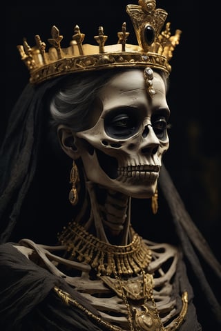 a long dead old queen depicted as a mummy preserved in her tomb, wearing a gold crown and a gold necklace and a gold and black dress, her face is skeletal, a dark setting, with a black background and some lights, the atmosphere is disturbing and mysterious