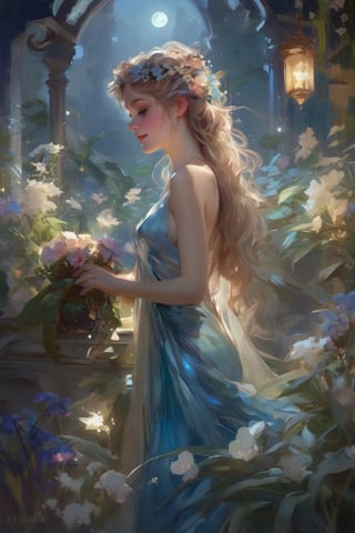 a breathtaking beautiful fairy girl, flower hair decorations, surrounded by flowers and plants, bathed in the shimmering glow of moonlight, cinematic, celestine azure, by Daniel F Gerhartz