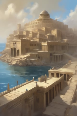 library of alexandria, a painting by alan koz, in the style of digital fantasy landscapes, plein air scenes, flat brushwork