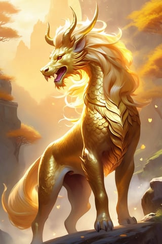 ethereal fantasy concept art of a possible real life majestic Qilin, its golden scales shimmering in the sunlight, mythical creature and legendary beast, magnificent, celestial, ethereal, painterly, epic, majestic, magical, fantasy art, cover art, dreamy