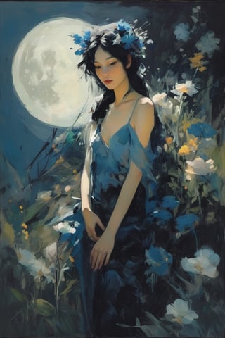 a breathtaking beautiful fairy girl, flower hair decorations, surrounded by flowers and plants, bathed in the shimmering glow of moonlight, cinematic, celestine azure, by Franz Kline