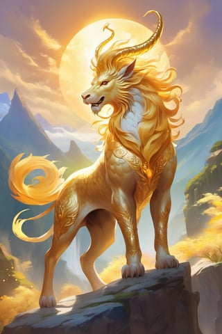 ethereal fantasy concept art of a possible real life majestic Qilin, its golden scales shimmering in the sunlight, mythical creature and legendary beast, magnificent, celestial, ethereal, painterly, epic, majestic, magical, fantasy art, cover art, dreamy