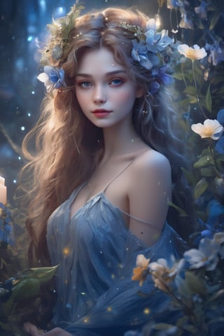 a breathtaking beautiful fairy girl, flower hair decorations, surrounded by flowers and plants, bathed in the shimmering glow of moonlight, cinematic, celestine azure, by Vladimir Matyukhin