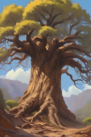 giant tree, a painting by alan koz, in the style of digital fantasy landscapes, plein air scenes, flat brushwork