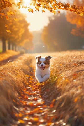 ​masterpiece, top-quality, morning, stroll, pup, autum, floating in sky, a closeup with light glowing, happiness, fresh morning sunshine, Spark:0.8, stroll, landscapes